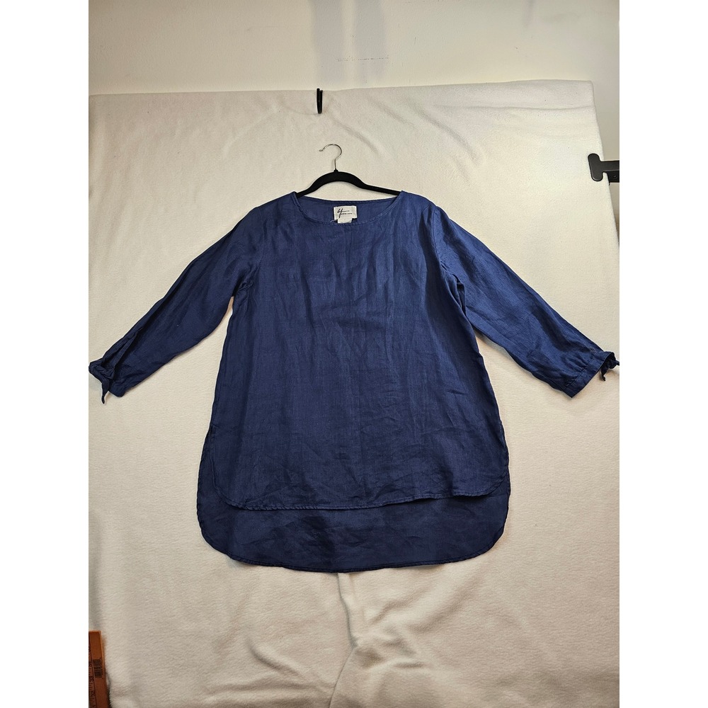 Andrea Jovine Womens Navy Blue Linen Tunic Top 3/4 Tie Sleeve High Low Large
